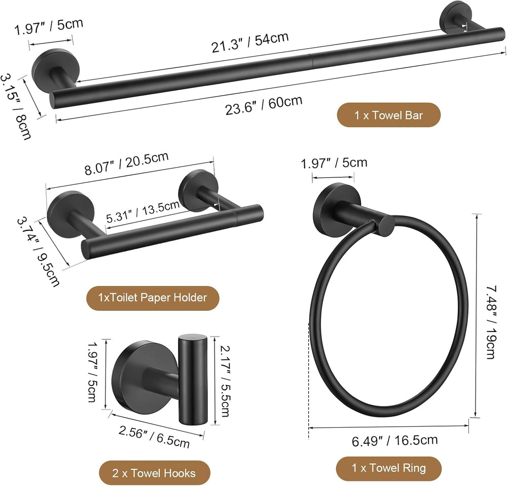 TURS Matte Black 5 Piece Bathroom Hardware Set, SUS304 Stainless Steel Bath T...