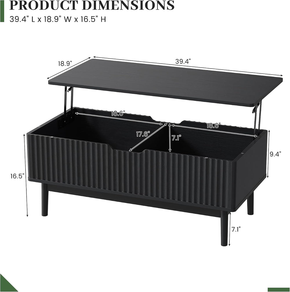 39” Fluted Lift Top Coffee Table with Storage, Black