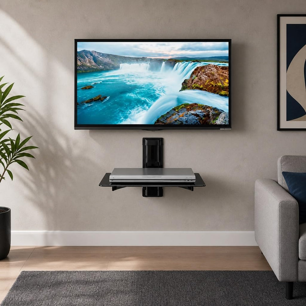 Mount-It! Floating TV Shelf, Tempered Glass, Aluminum Frame, Black