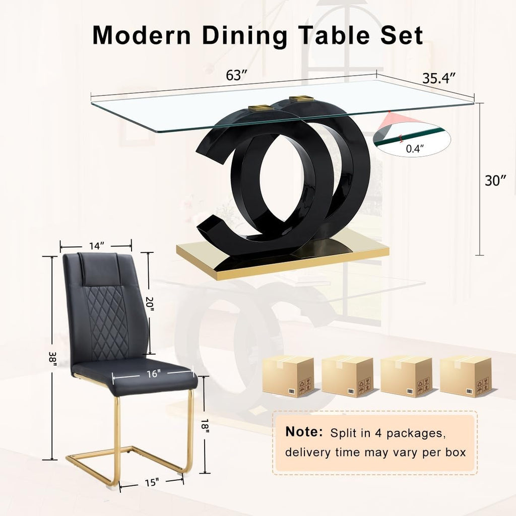 Ebullient 63" Glass Dining Table Set for 6 with Chairs, Black and Gold