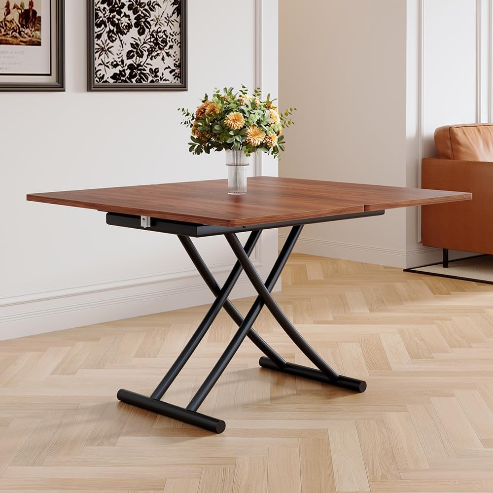 Adjustable Height Coffee Table, 4-in-1 Folding Dining Table, Walnut