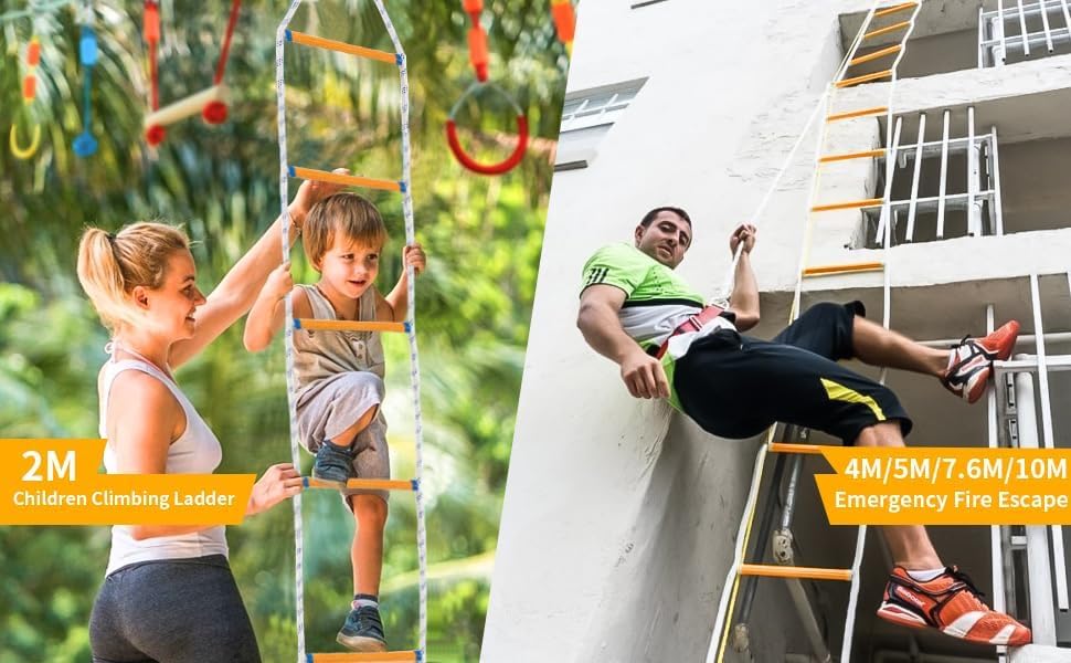 Fire Evacuation Rope Ladder, 4-Story, 32 ft, Spring Hooks & Safety Cord