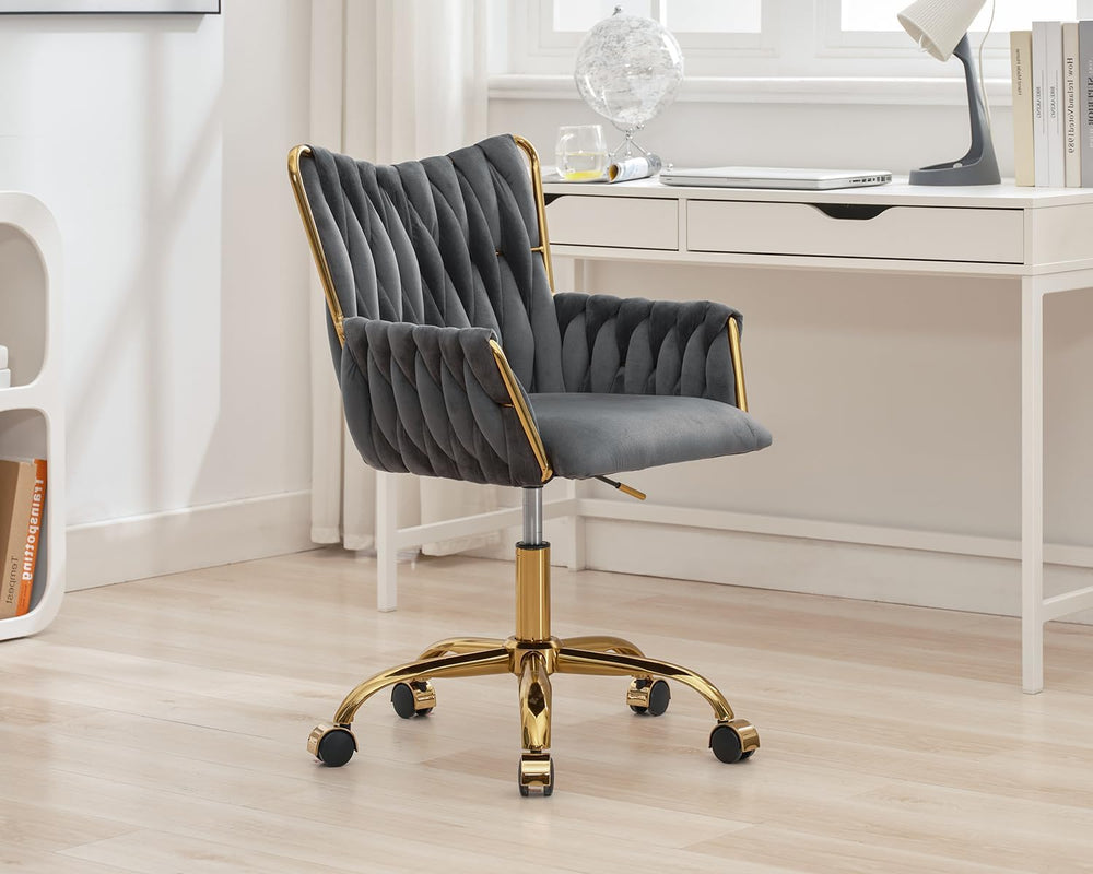 KCC Modern Velvet Home Office Desk Chair with Hand Woven Backrest,Gray