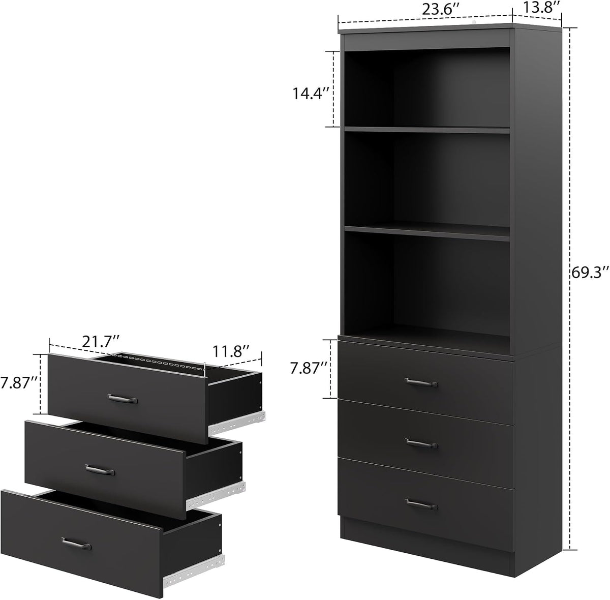 70" h black bookshelf with drawers, tall bookcase shown in use