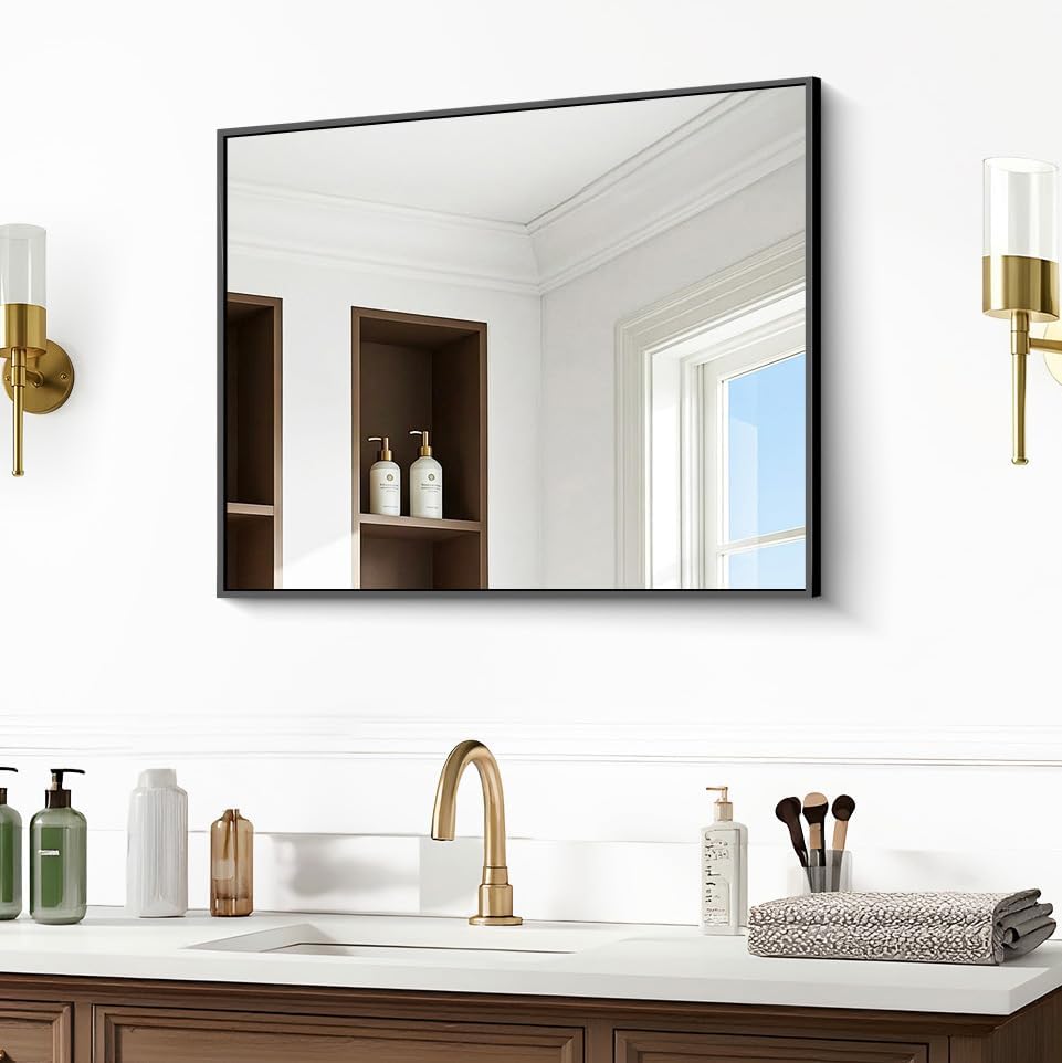 Bathroom Mirror, 30 x 24 inch Metal Framed Black Rectangle Mirror for Wall