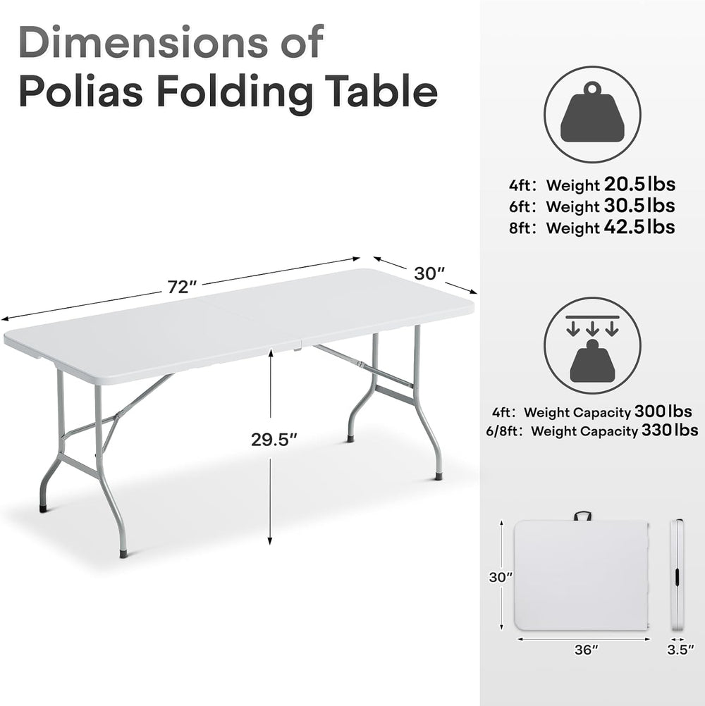 6ft Plastic Folding Table with Portable Carry Handle, White