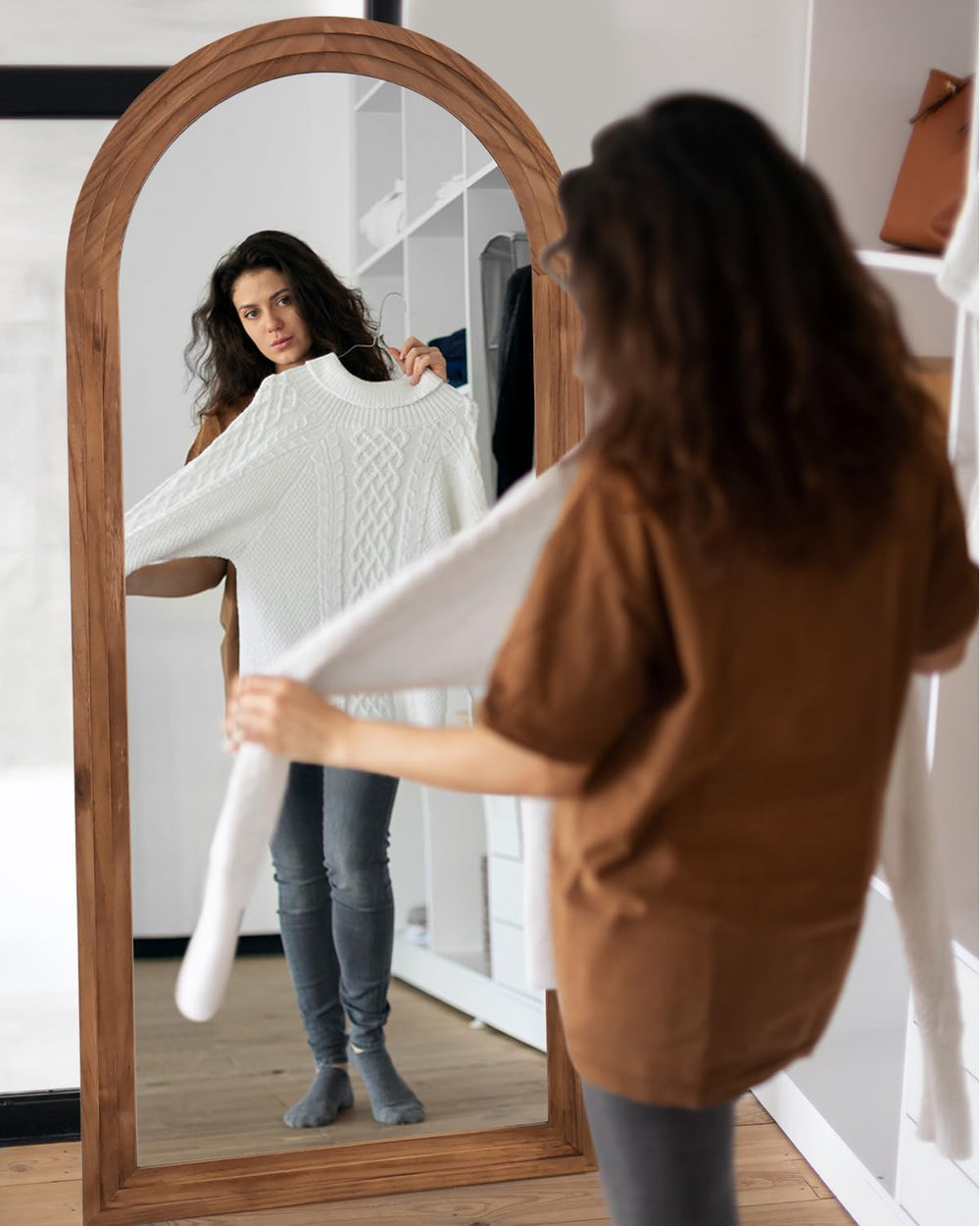 Full Length Mirror 81"x41", Arched Solid Wood Frame with Stand