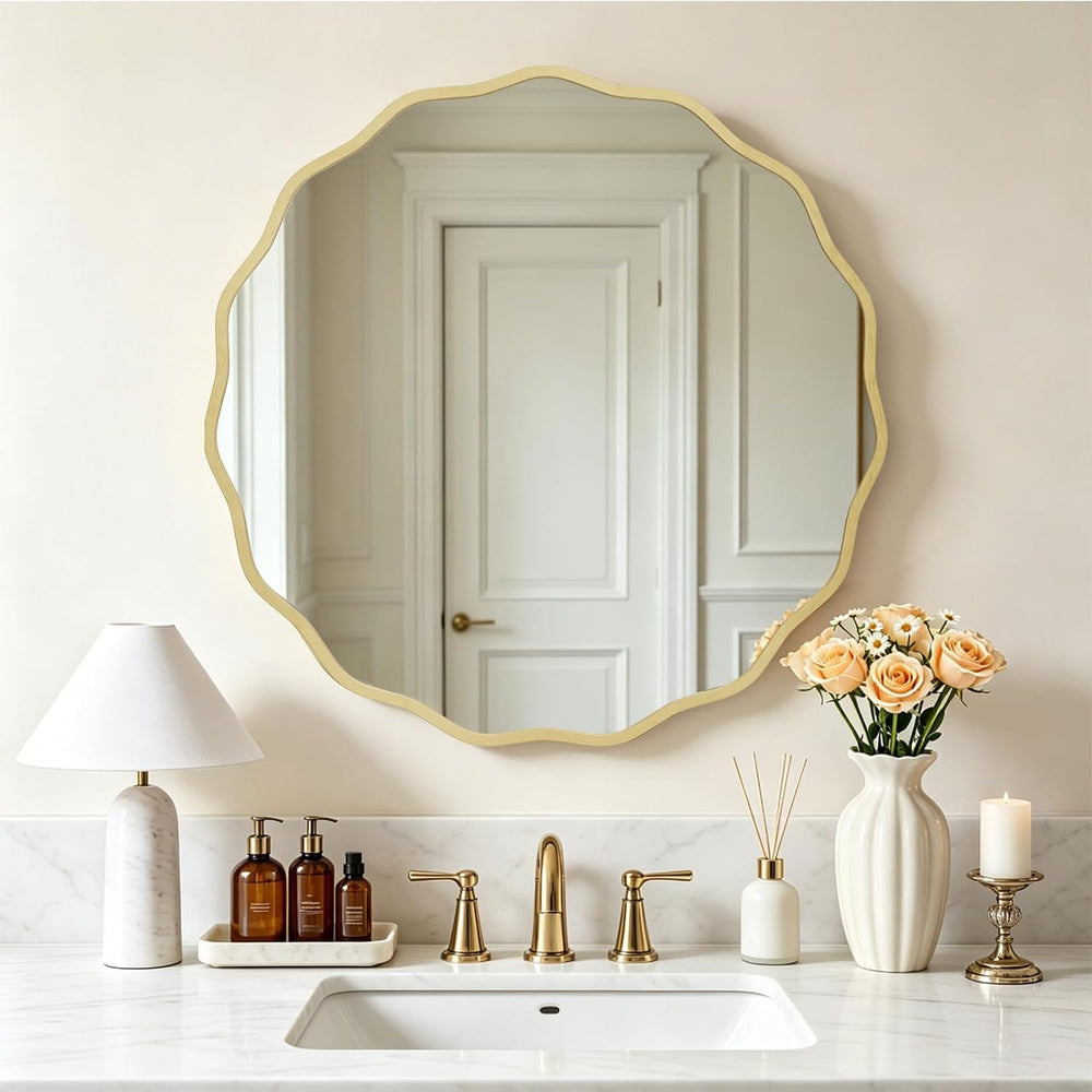 HOMECOOKIN 28" Wavy Round Wall Mirror, Gold Scalloped Circle Mirror Edge...