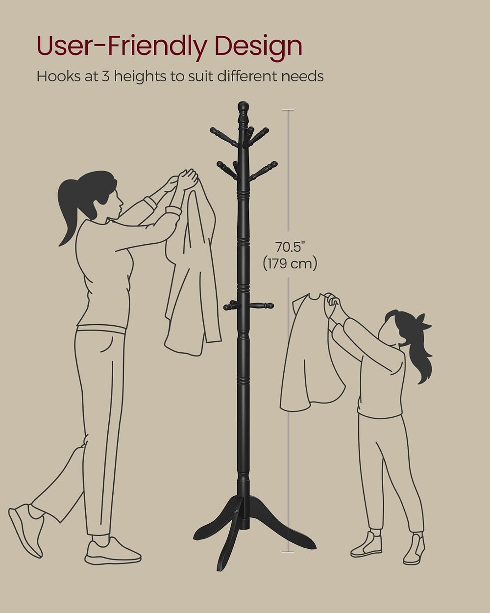 VASAGLE Freestanding Coat Rack, Rubber Wood Coat Tree with 9 Hooks
