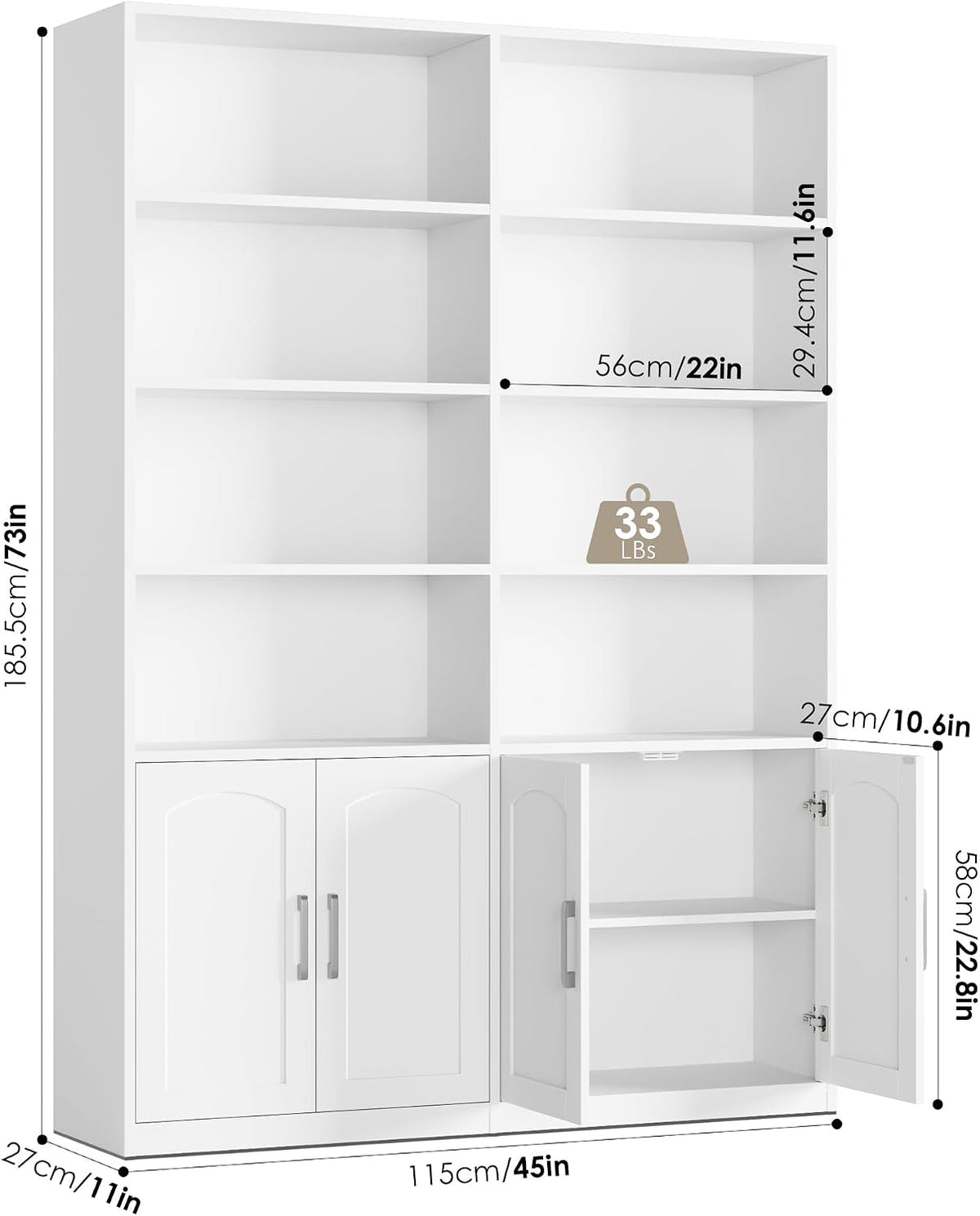 facbotall bookshelf and bookcase with doors, double wide, close-up detail