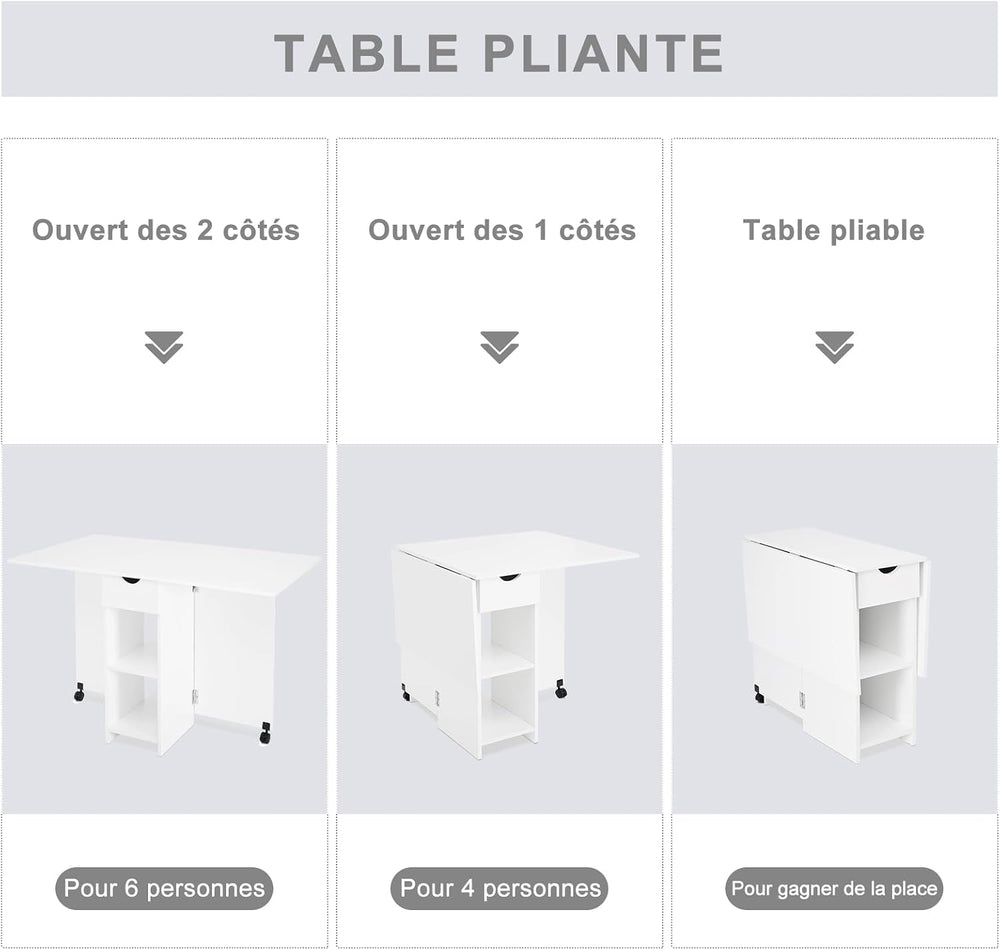 Mondeer Folding Dining Table with Drawer and Shelves, White