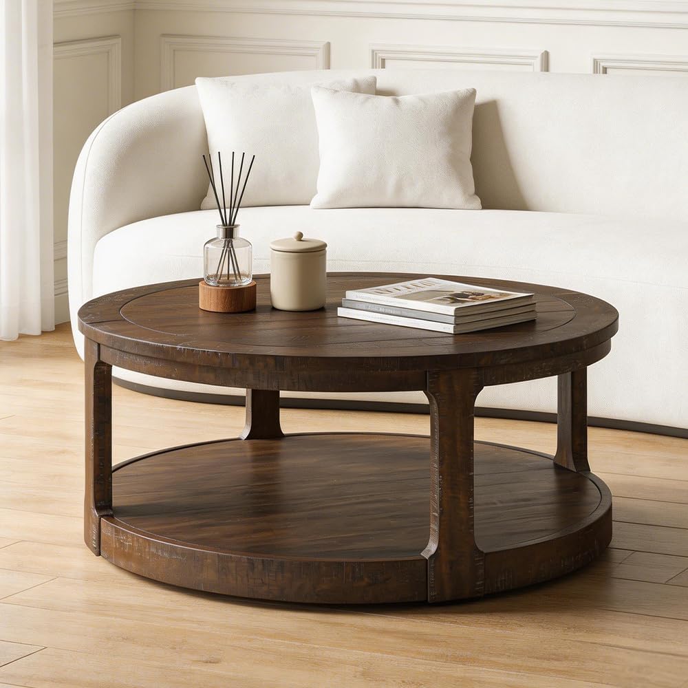 WILLIAMSPACE 40" Round Coffee Table with Wheels, Circle 2 Tier Solid Woo...