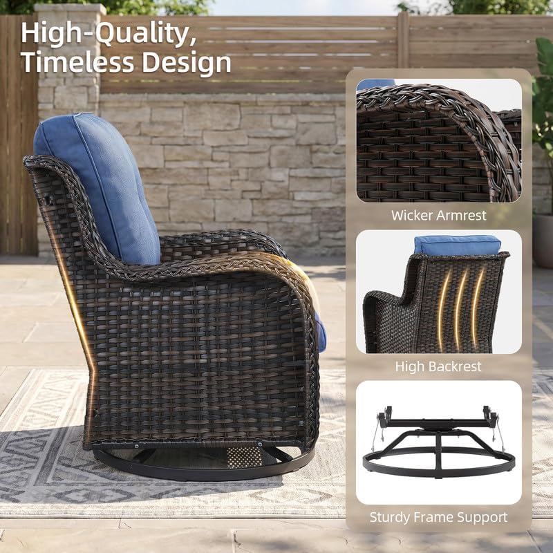 2 Pieces Outdoor Wicker Swivel Rocker Patio Chairs Set of 2, Cushions Blue