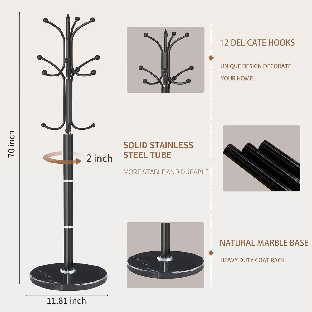 Coat Rack Stand,Black Metal Coat Rack Freestanding with 12 Hooks