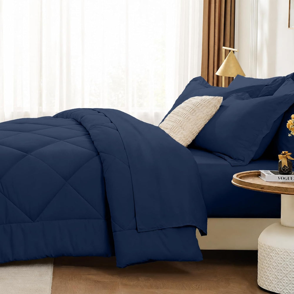 FUANNA King Size Comforter Set 7 PCS, Navy Blue Bed Set, Soft Bed in a Bag