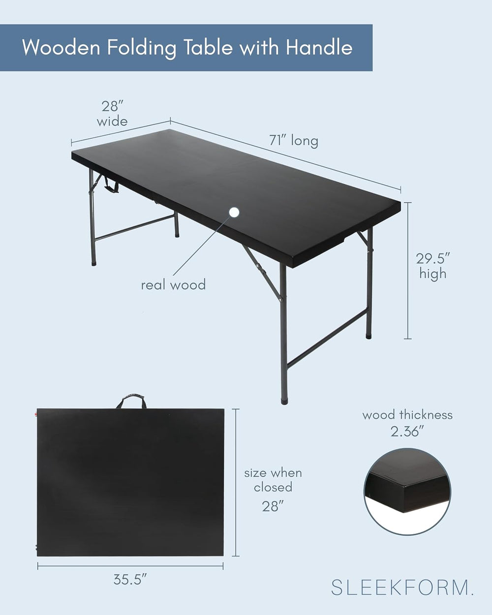 Sleekform 6 Ft Wooden Folding Banquet Table, 28 Inch, with Carry Handle
