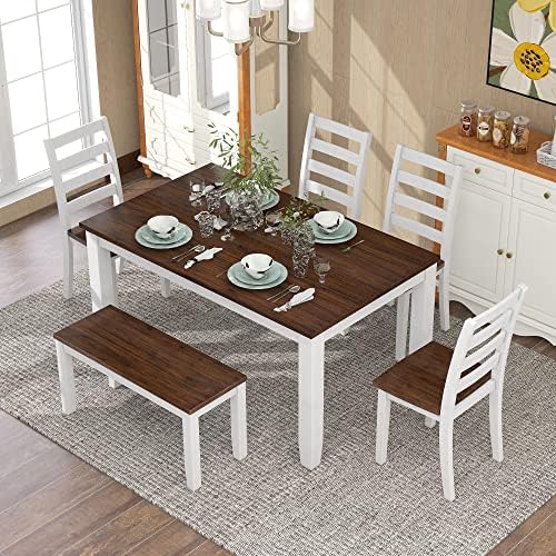 LUMISOL 6 Piece Farmhouse Dining Table Set with Bench, Walnut Cottage White