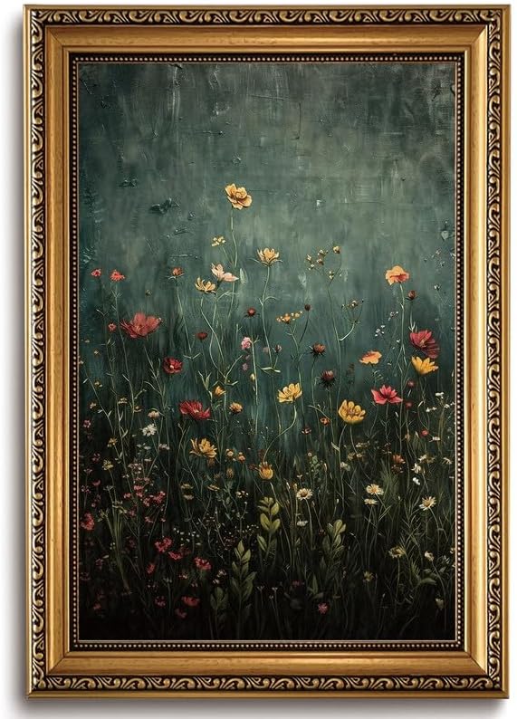Green Wildflower Gold Framed Canvas Wall Art 16x24 inch