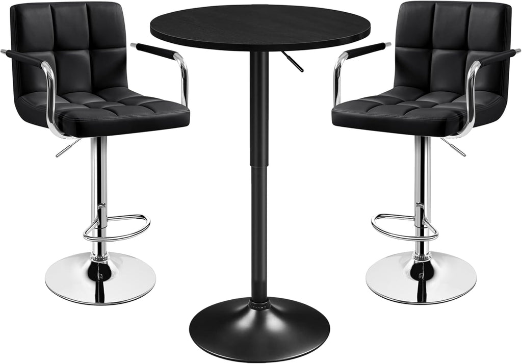 Yaheetech 3-Piece Bar Table and Stools, PU Leather Full Black