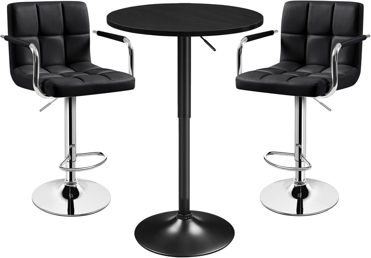 Yaheetech 3-Piece Bar Table and Stools, PU Leather Full Black