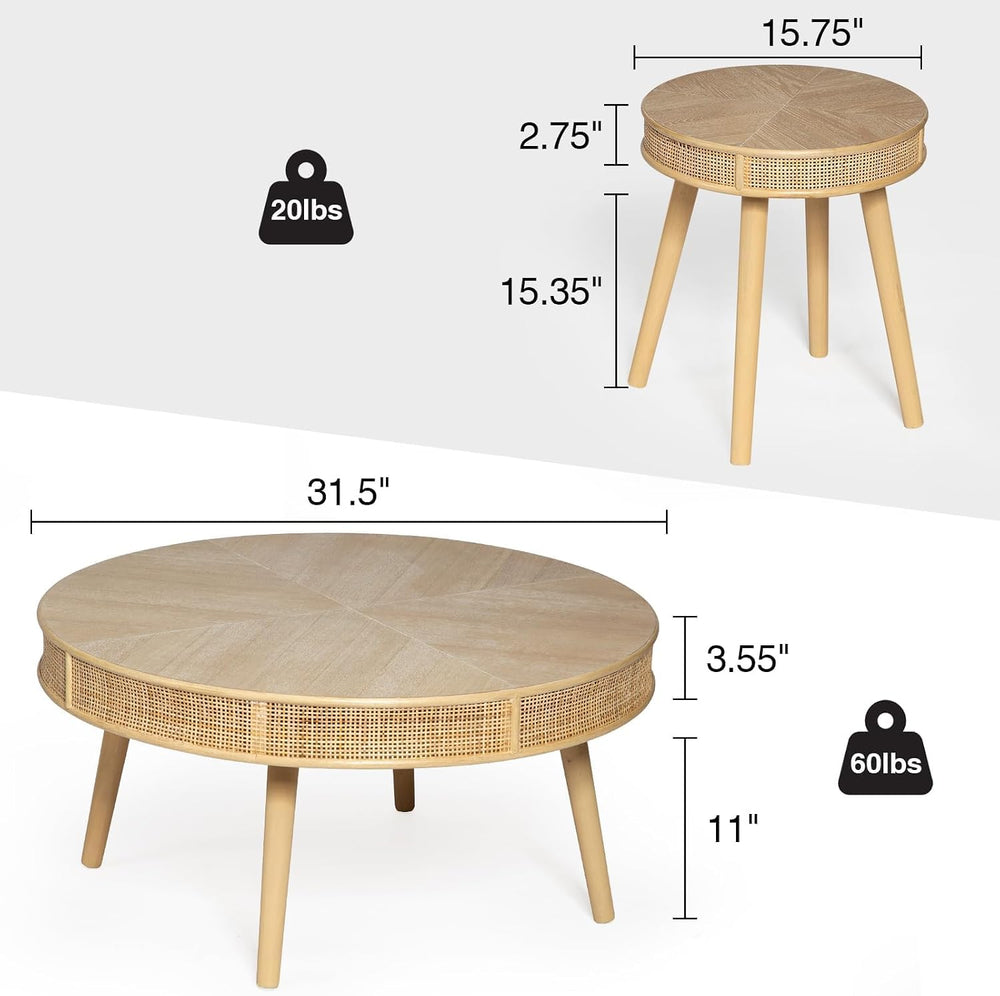 Wnutrees Farmhouse Round Coffee Table, Rustic Sofa Side Tea Set, Natural