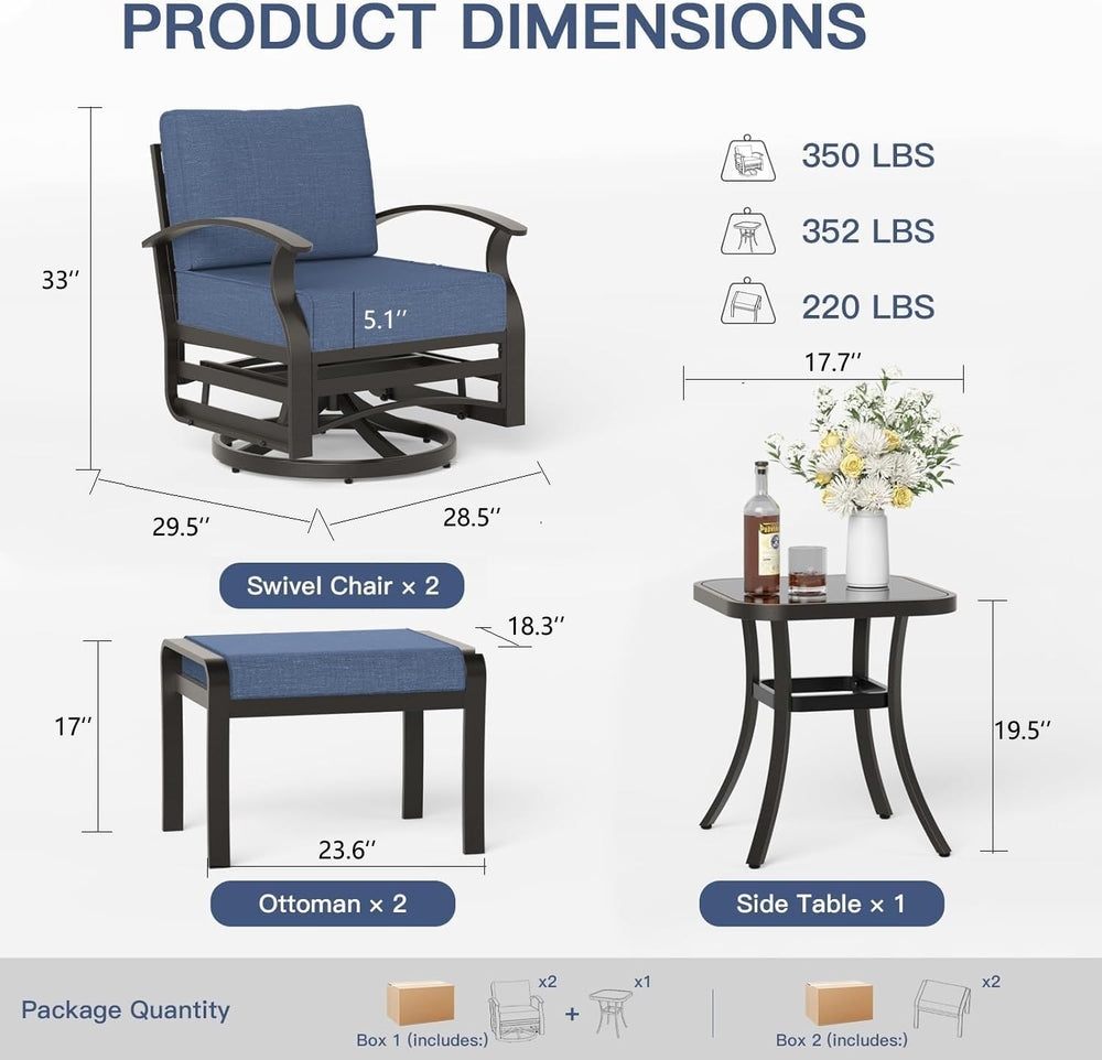 Gotland 5 Piece Patio Set, Aluminum Outdoor Swivel Chairs Set of 2 with 2 Ott...
