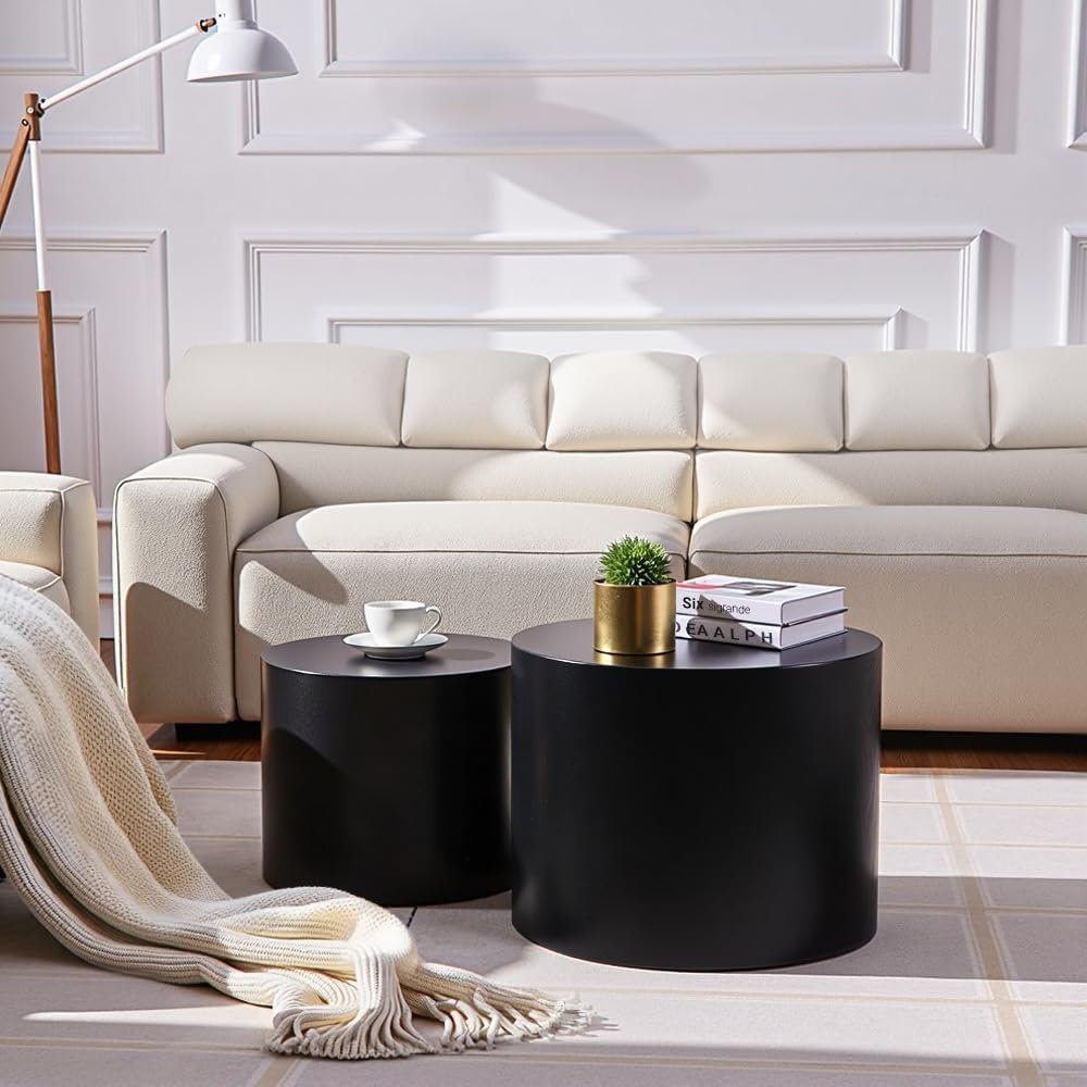 Nesting Coffee Table Set of 2, Modern Round Coffee Table with Non-Slip Feet, ...