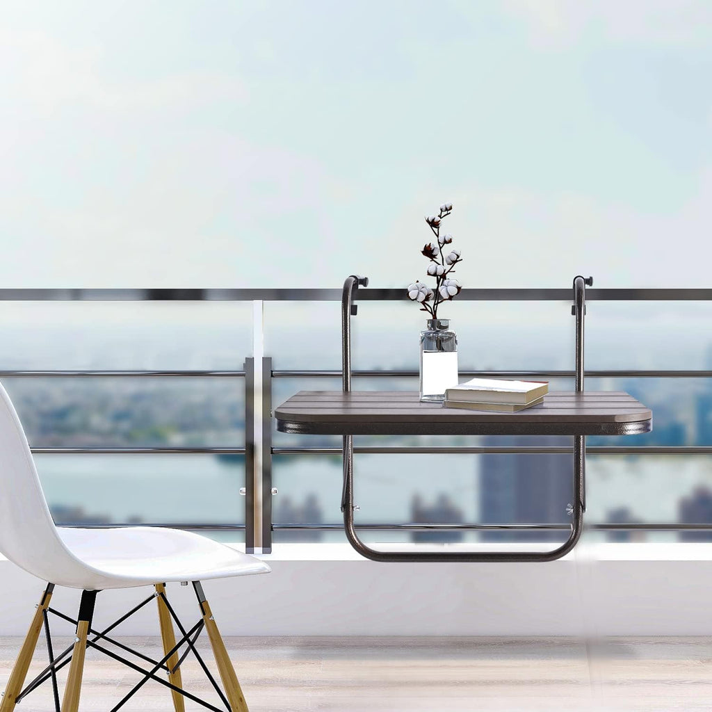 Balcony Railing Table Outdoor Hanging Folding Brown Aluminium Metal Side Table Adjustable 23.6"L x 15.7"W