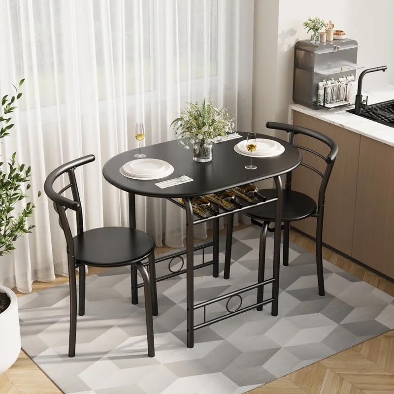 Shahoo 3-Piece Dining Table Set for 2, Kitchen Breakfast Nook Set, Black | 2 Chairs & Round Tabletop, Space Saving Wooden Furniture Metal Frame and Built-in Wine Rack