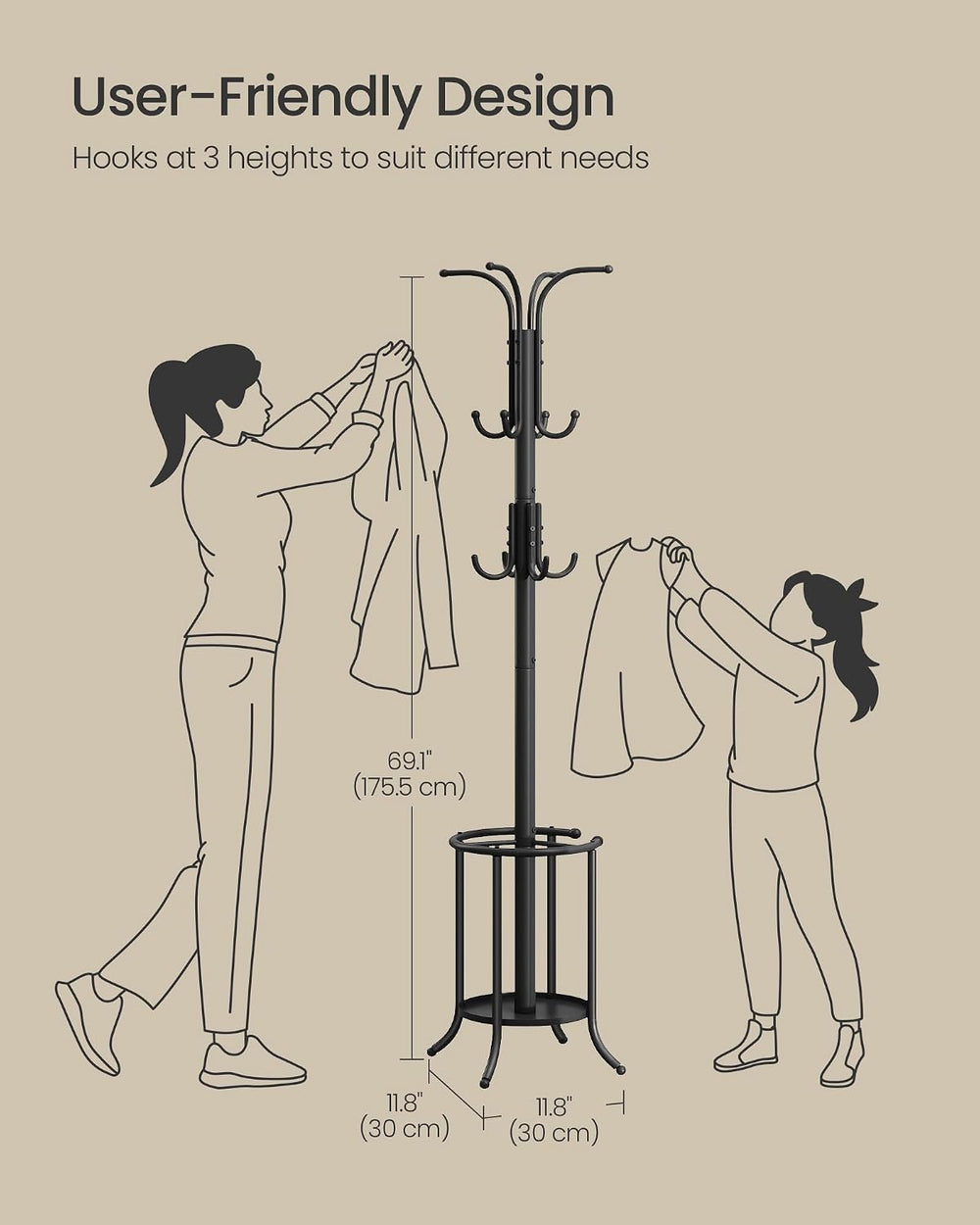 SONGMICS Metal Coat Rack Freestanding, with Umbrella Holder, 12 Hooks