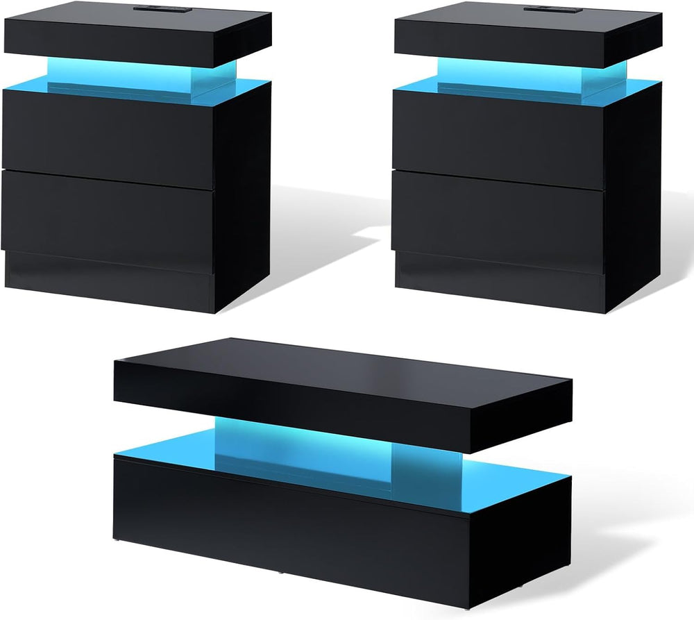 AMERLIFE 3-Piece High Gloss Living Room Table Set with LED Lights, Modern Cof...