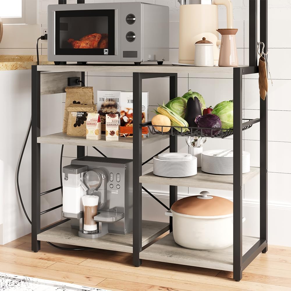 IDEALHOUSE Bakers Rack with Power Outlet, Coffee Bar with Wire Drawer, Indust...