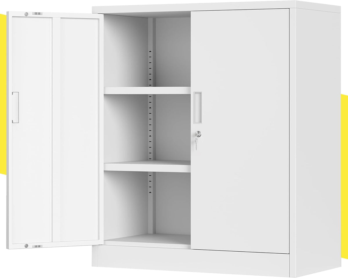 CJF Metal Storage Cabinet, 36" H Locking Storage Cabinet with Shelves and Doors for Home Office, Garage, Utility Room, Entryway(White)