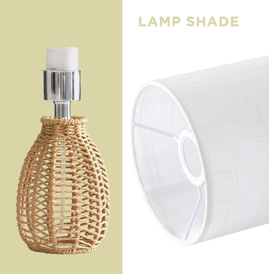 KUNJOULAM Rattan Table Lamp, Small Nightstand Lamp with Linen Fabric Lampshad...