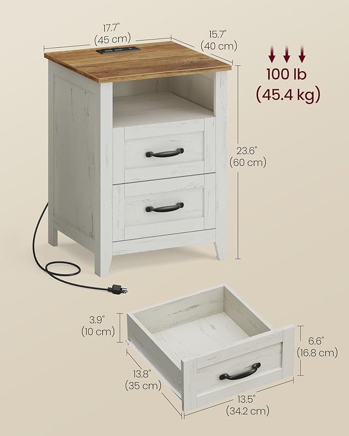 VASAGLE LIRY Collection - Farmhouse Nightstand with Charging Station, Bedside Table, Side Table with 2 Drawers, Open Compartment, for Bedroom, Rustic White and Honey Brown ULET669W0