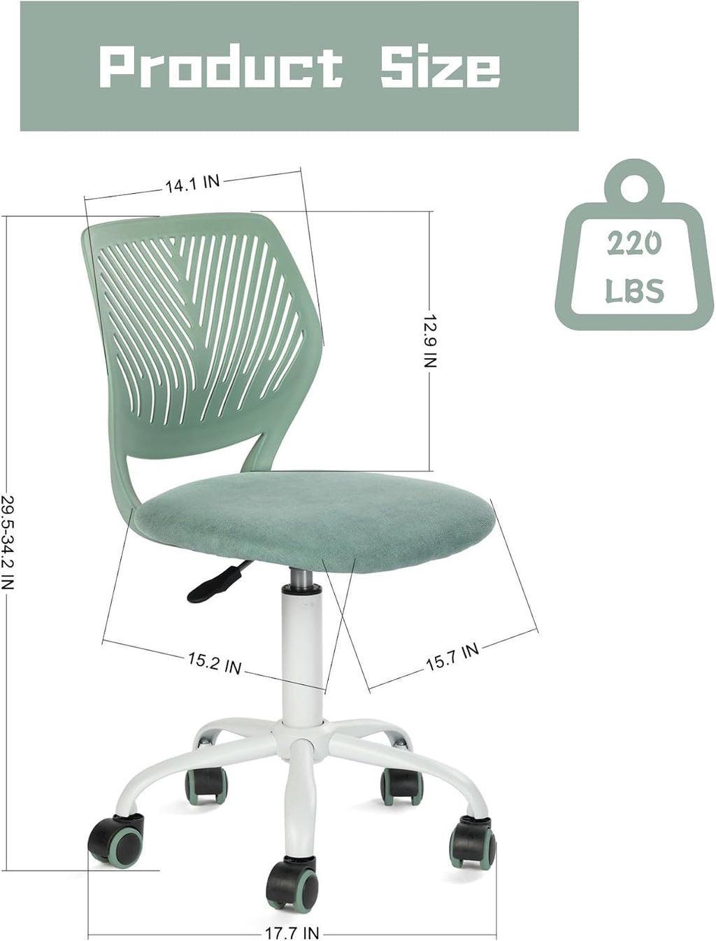 Armless Home Office Desk Chair, Colorful Task Chair with Soft Mesh Padded Cushion, Height Adjustable Swivel Study Computer Chair for for Girls Boys Teens (Green-1, 1PC)