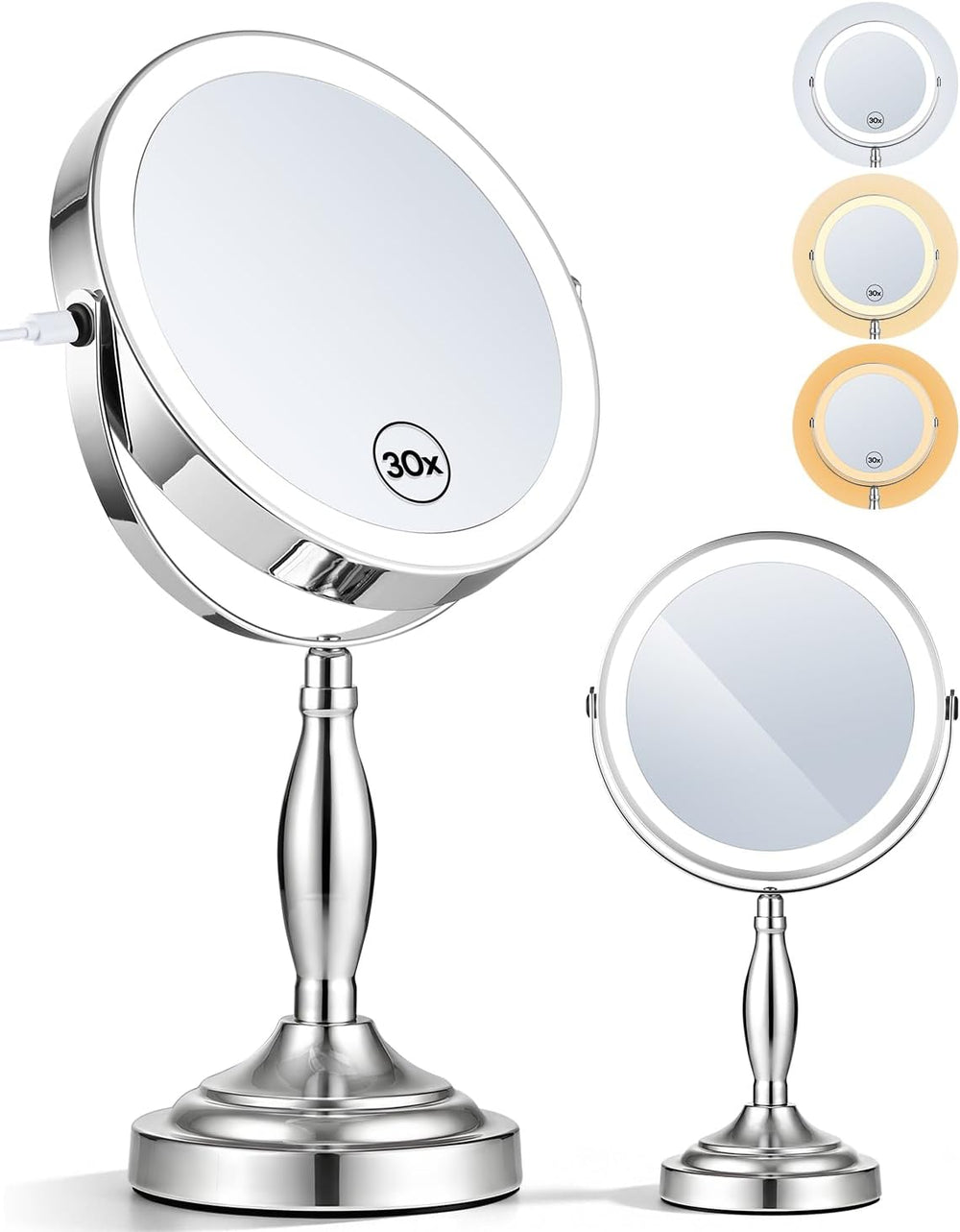 30X/1X Magnifying Mirror with Lights, Rechargeable Lighted Makeup Mirror