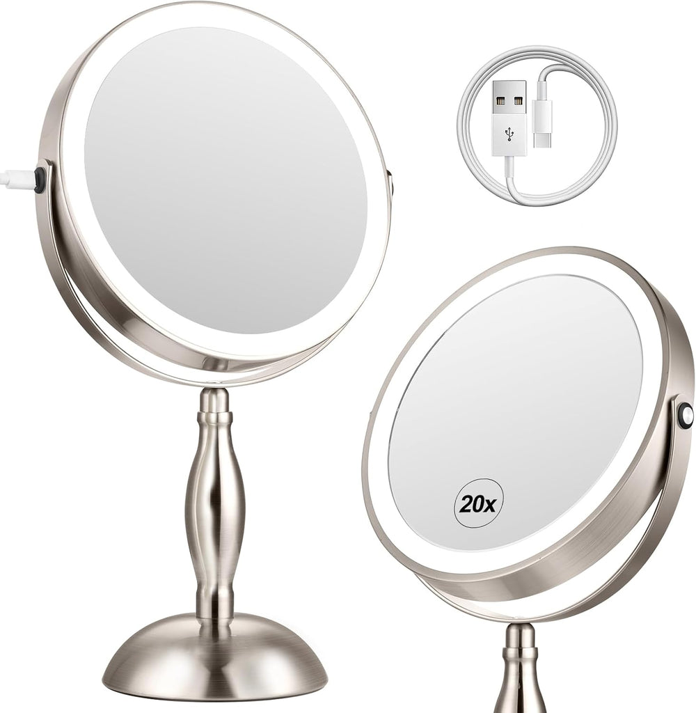 20x Magnifying Mirror with Light-Brushed Nickel