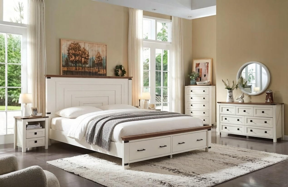 T4TREAM 54" Tall Farmhouse Queen Size Bed Frame, Antique White