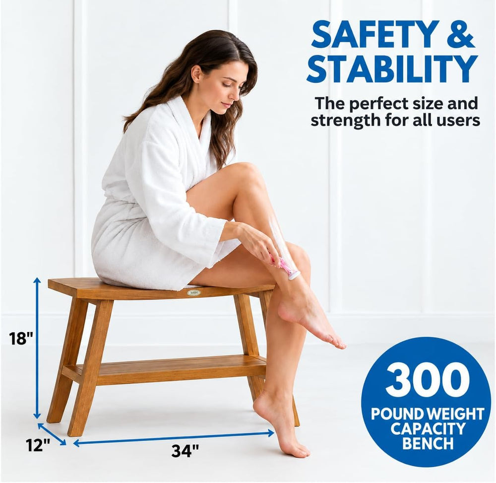 EcoDecors Satori 34-Inch Natural Teak Shower Bench, Waterproof