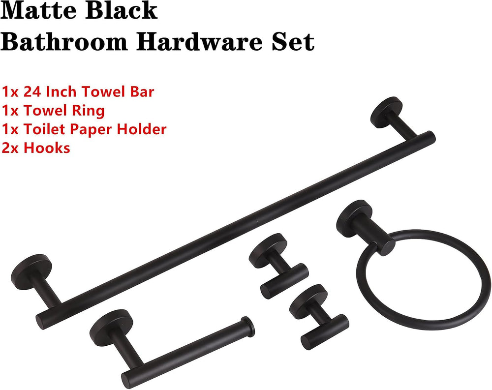 5pcs Matte Black Bathroom Accessories Set, 24 inch Towel Bar