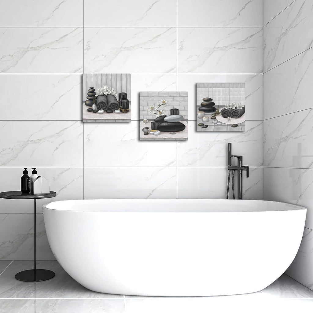 RnnJoile Spa Canvas Wall Art Zen Stone Orchid Picture Painting Black and White Still Life Prints for Bathroom Zen Meditation Room Decor Framed 12"x12" for Each
