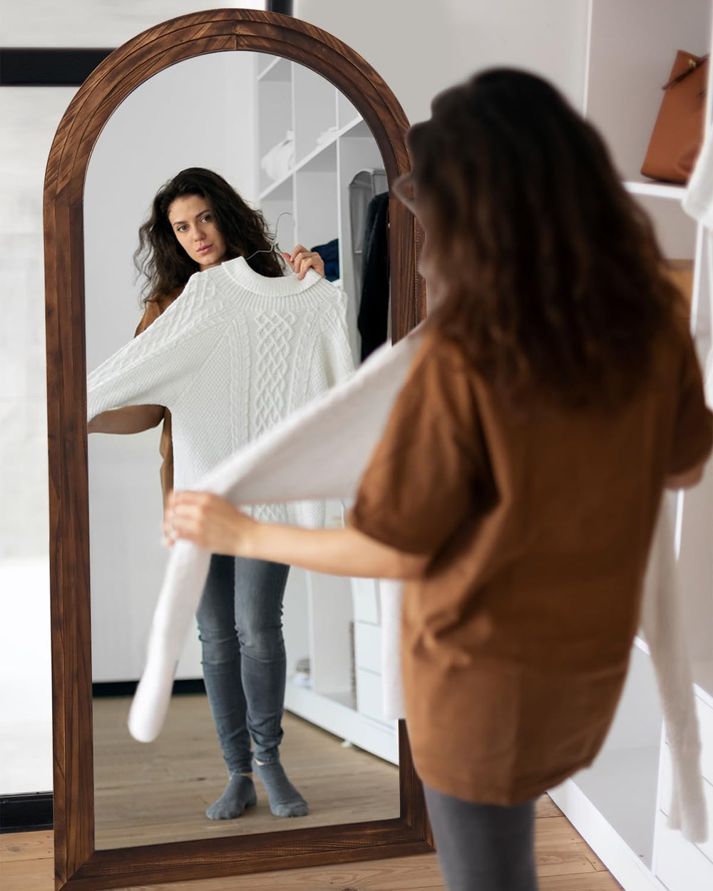 Full Length Mirror 71"x32", Arched Solid Wood Frame with Stand