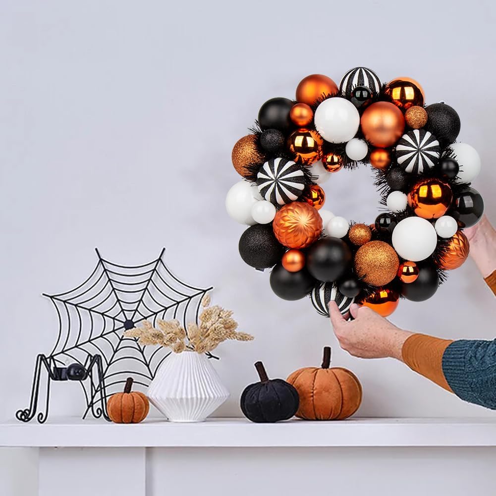 Halloween Ball Wreath 13" Xmas Wreaths Ornaments Glitter Thicken Shatterproof Garland Decoration for Door Wall Mantel Holiday Christmas Party Decor, White & Black & Orange