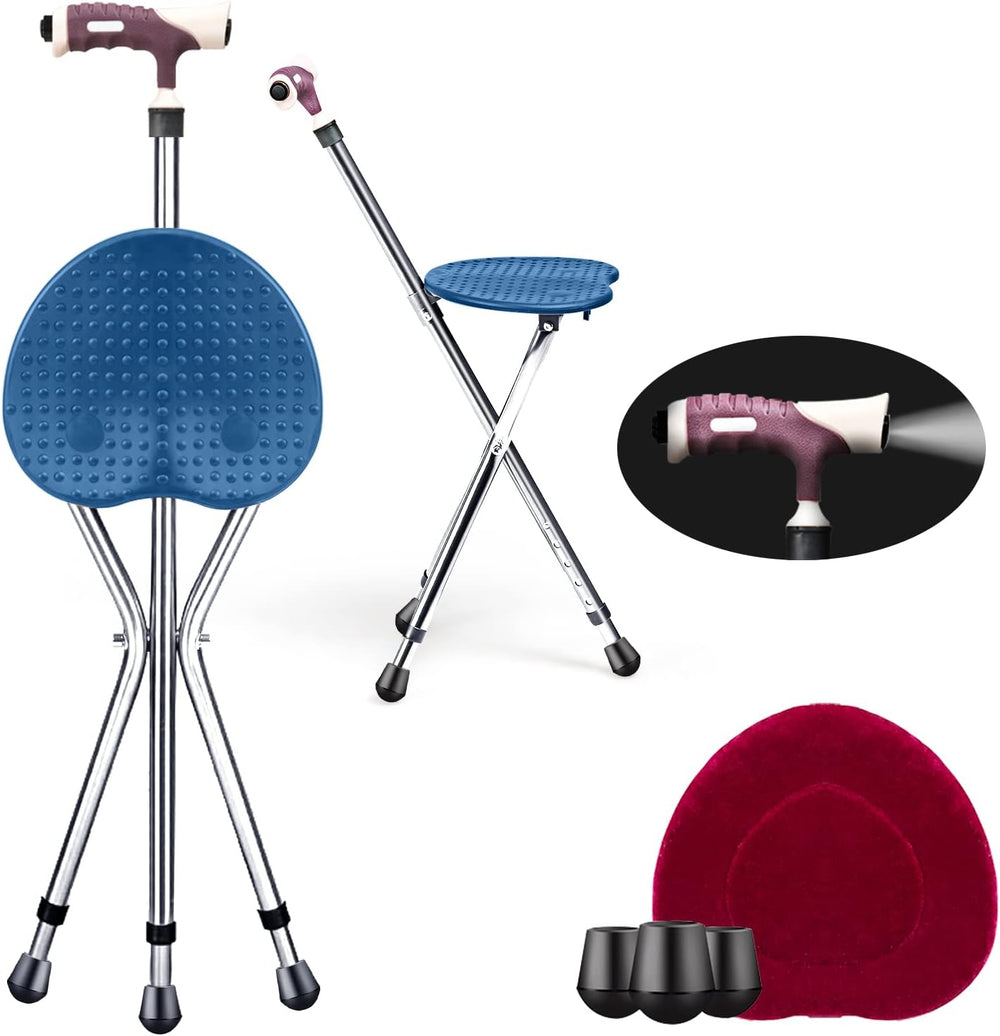 Goplus Walking Cane with Seat, Heavy Duty Aluminum Alloy Crutch Chair with LE...