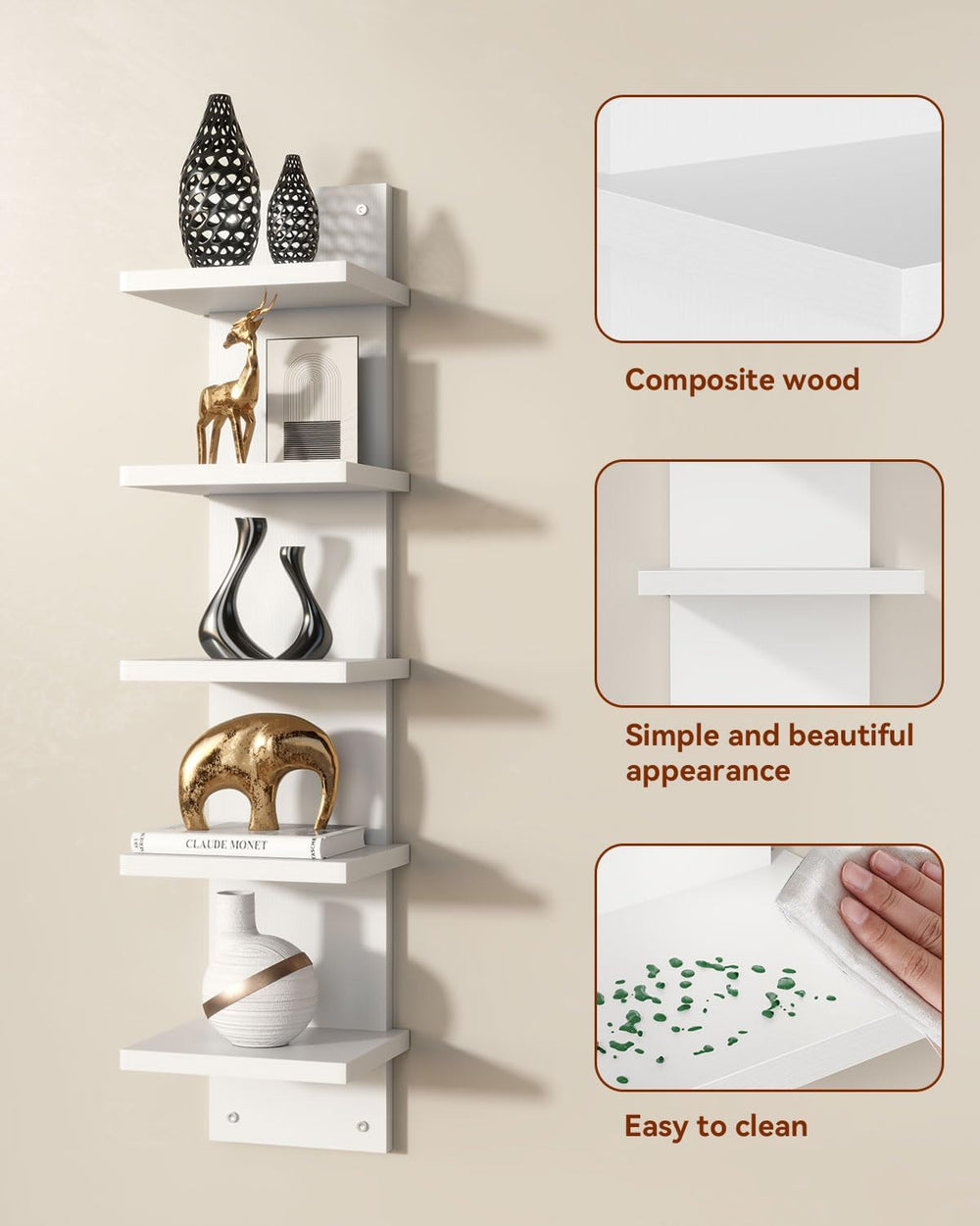 IBUYKE 5 Tier Wall Shelf Unit,Floating Storage Shelf White WBC009W-2