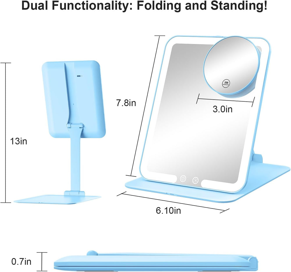 Gospire Travel Makeup Mirror with 3 Lights and Magnification 10X, Blue