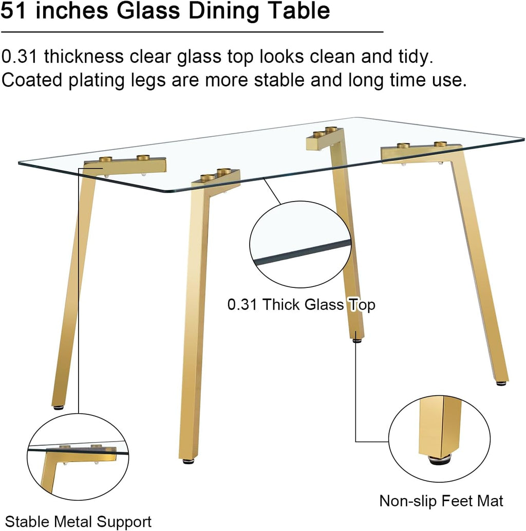 51" Glass Dining Table Set 4 with Gold Metal Leg