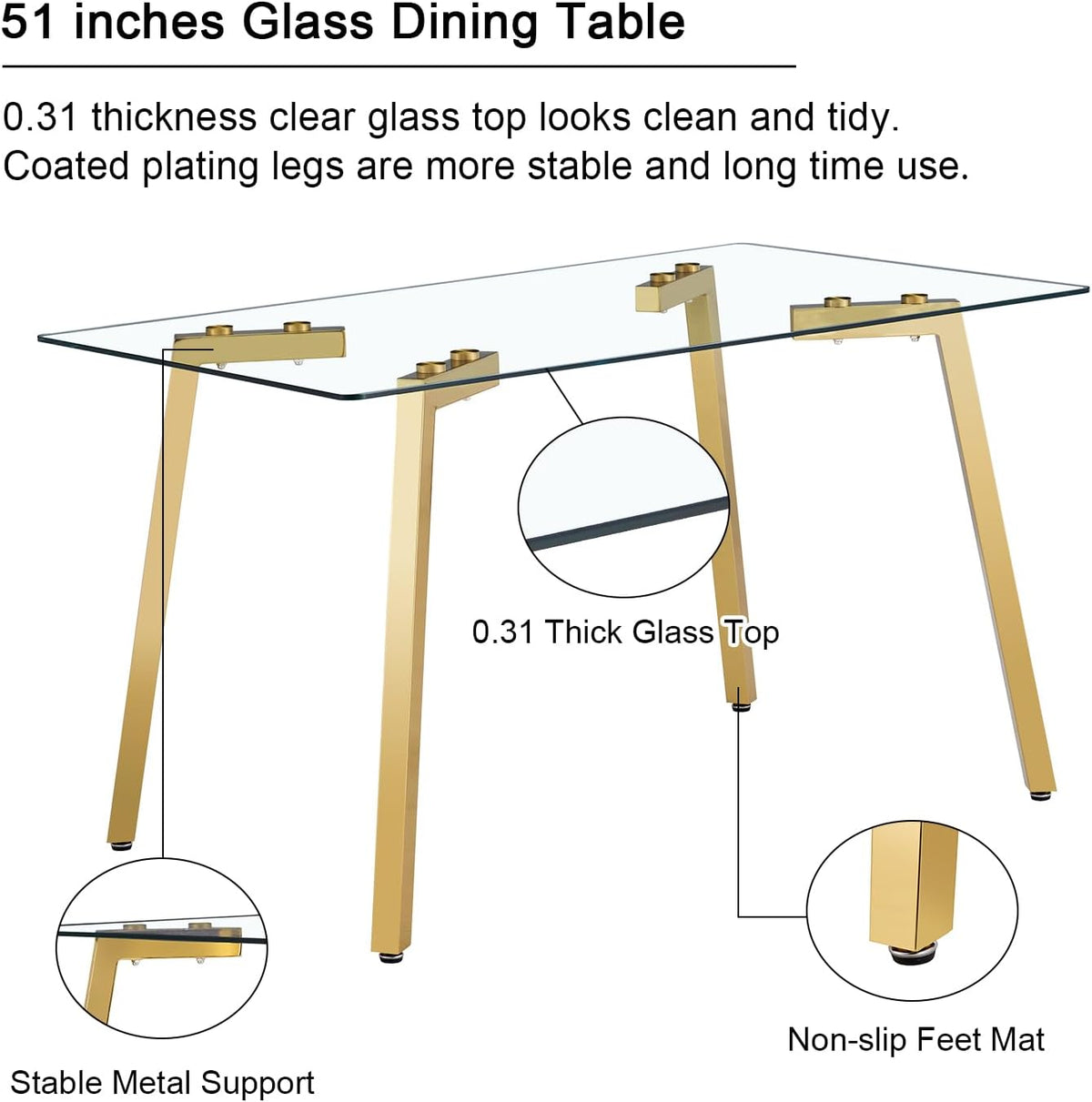 51" Glass Dining Table Set 4 with Gold Metal Leg