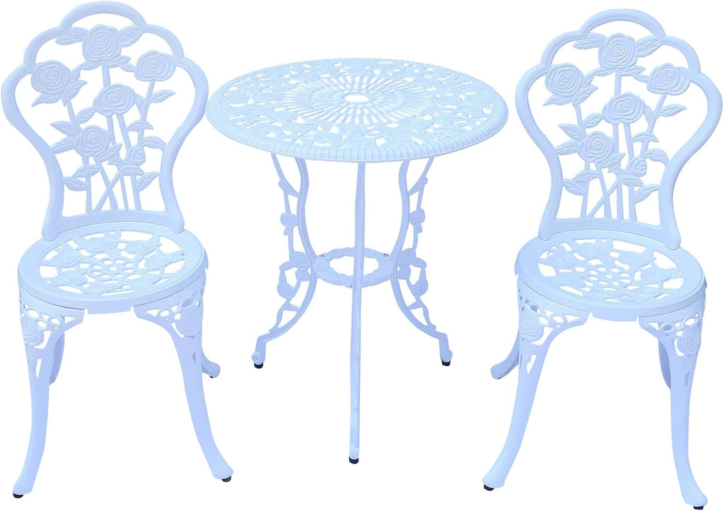3-Piece Cast Aluminum Outdoor Bistro Set, Outdoor Table and Chairs Set of 2 with Umbrella Hole for Patio Garden Park(White, Rose)